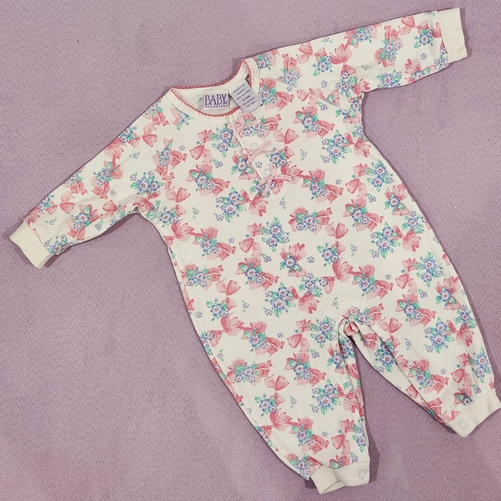 Vintage Baby Beginnings Frilly Bows & Floral Snap Romper 6-9m